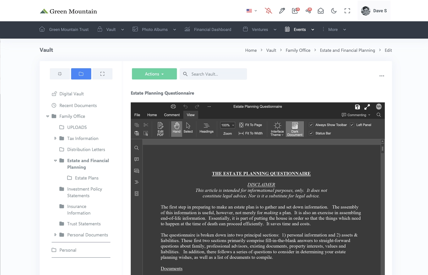 Summitas Digital Vault - encrypted document storage with folder tree, inline viewer, and granular permissions